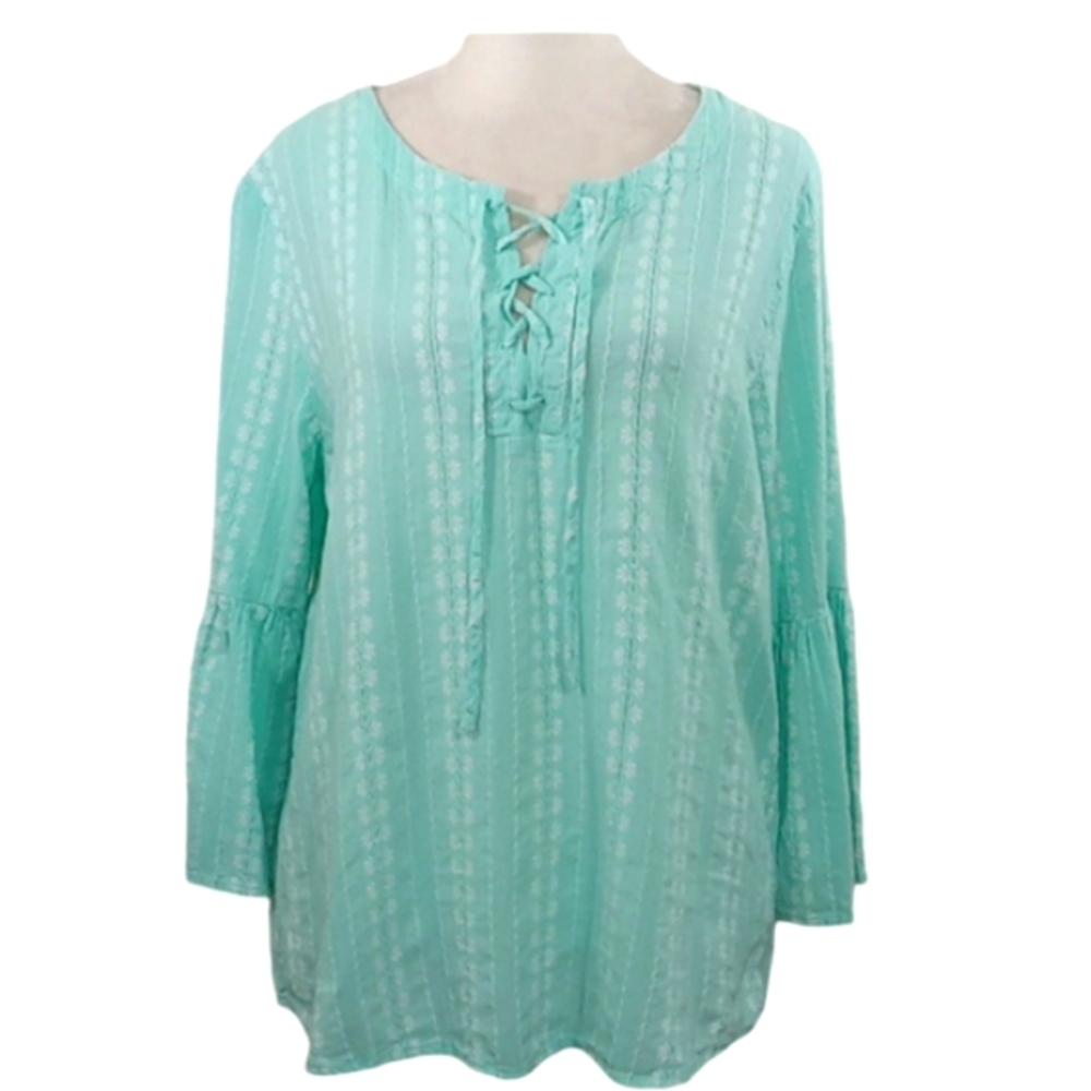 St John's Bay Mint Green Floral Print Lace Up Top Size Medium